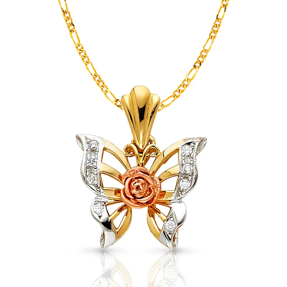 14K Gold CZ Butterfly Charm Pendant with 3.1mm Figaro 3 1 Chain Necklace