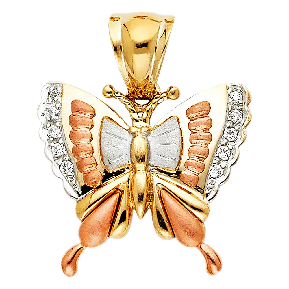 14K Gold CZ Butterfly Charm Pendant with 3.3mm Valentino Star Diamond Cut Chain Necklace