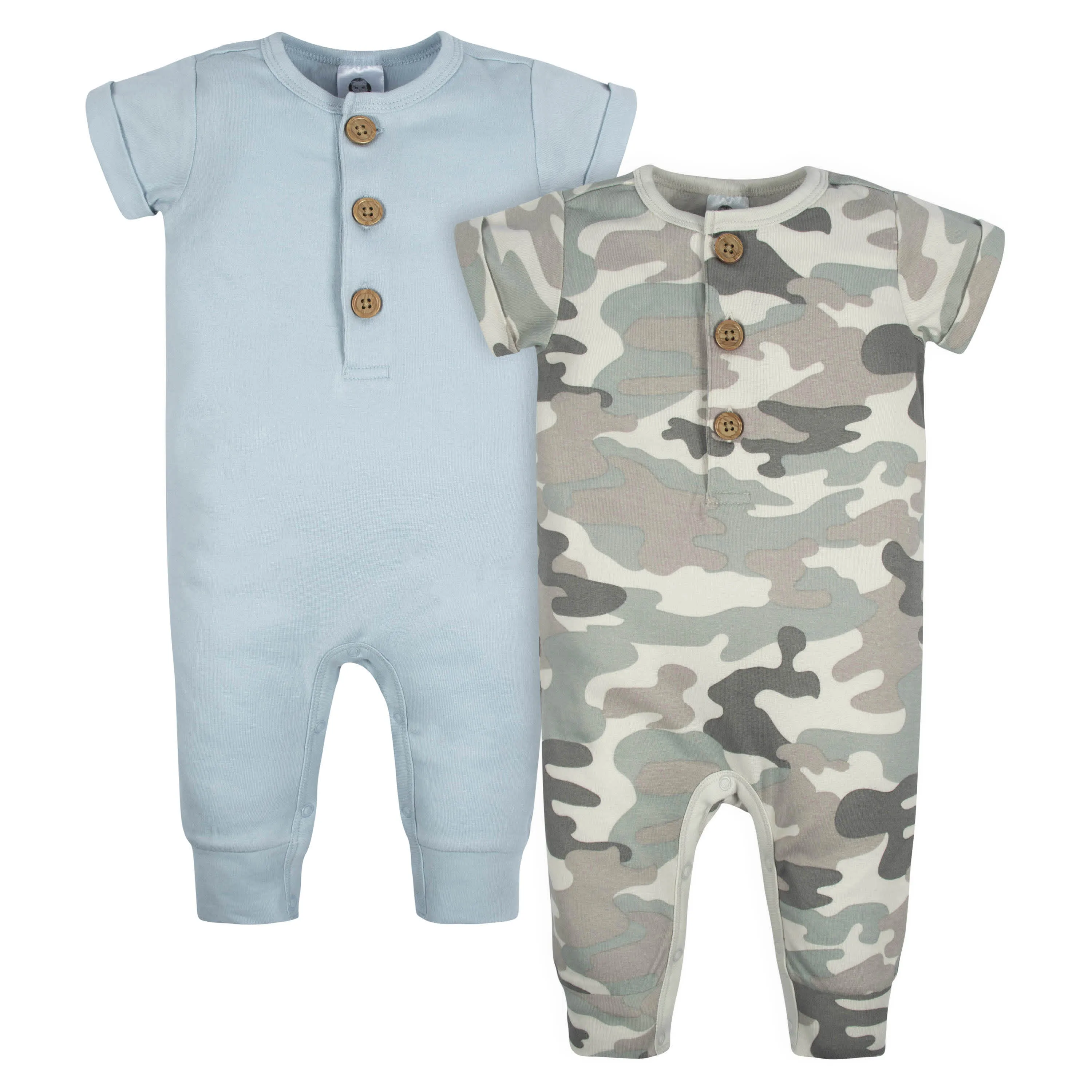 2-Pack Baby Boys Camo & Blue Short Sleeve Rompers