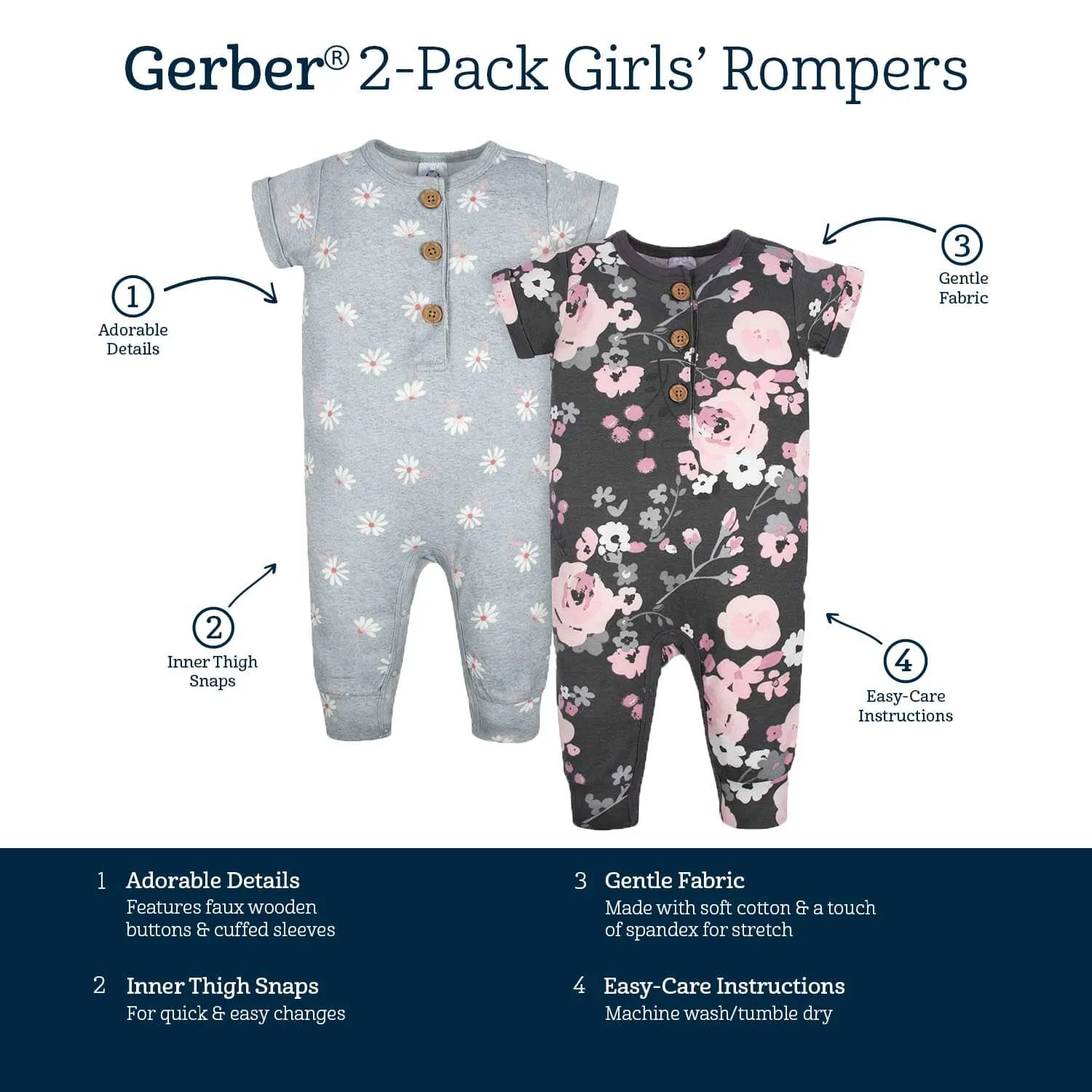 2-Pack Baby Girls Floral & Daisies Short Sleeve Rompers