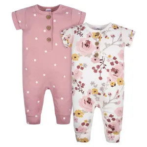 2-Pack Baby Girls Floral & Dots Short Sleeve Rompers