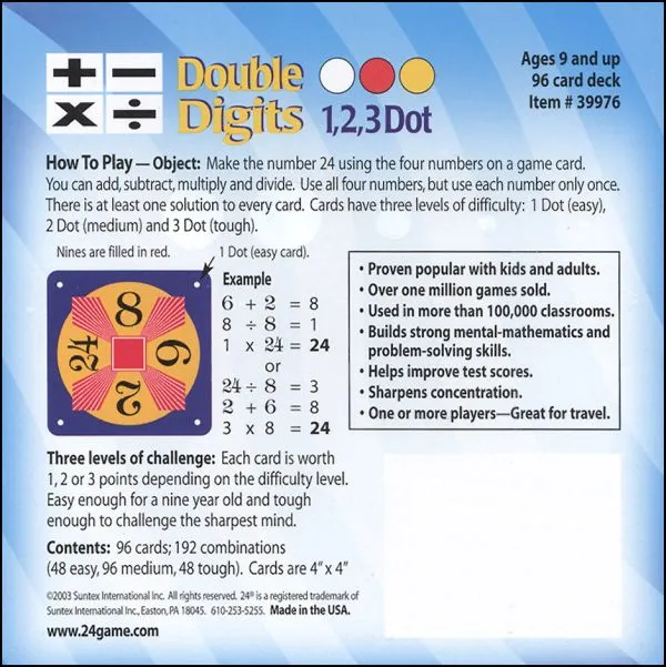 24 Game Double Digits Math Card Game, 96 Card Pack