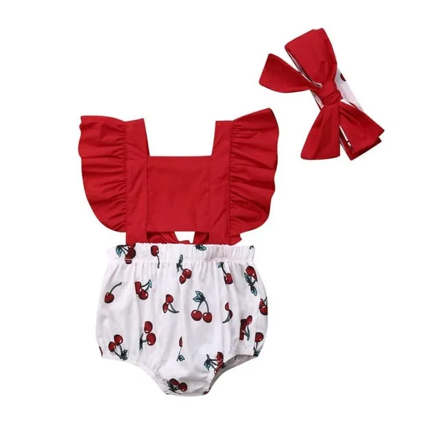 2Pcs Newborn Baby Girl Clothes Ruffle Backless Cherry Romper   Headband Outfit Baby Girl Summer Clothes