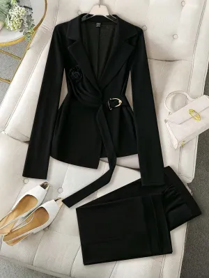 2pcs Women's Solid Color Lapel Collar Long Sleeve Elegant Suit Jacket & Pants Set, Spring Autumn