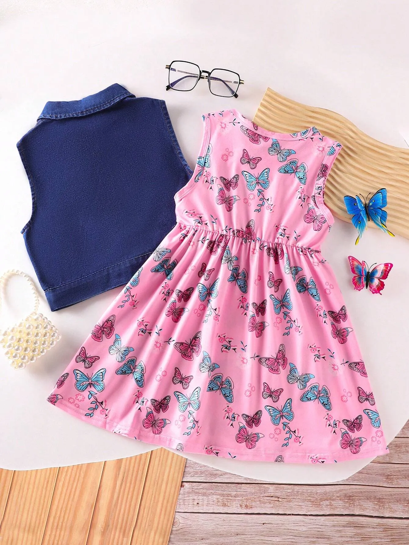 2pcs/Set Girls' Denim Vest & Butterfly Allover Print Dress, Cute Outfits For Outdoor Activities