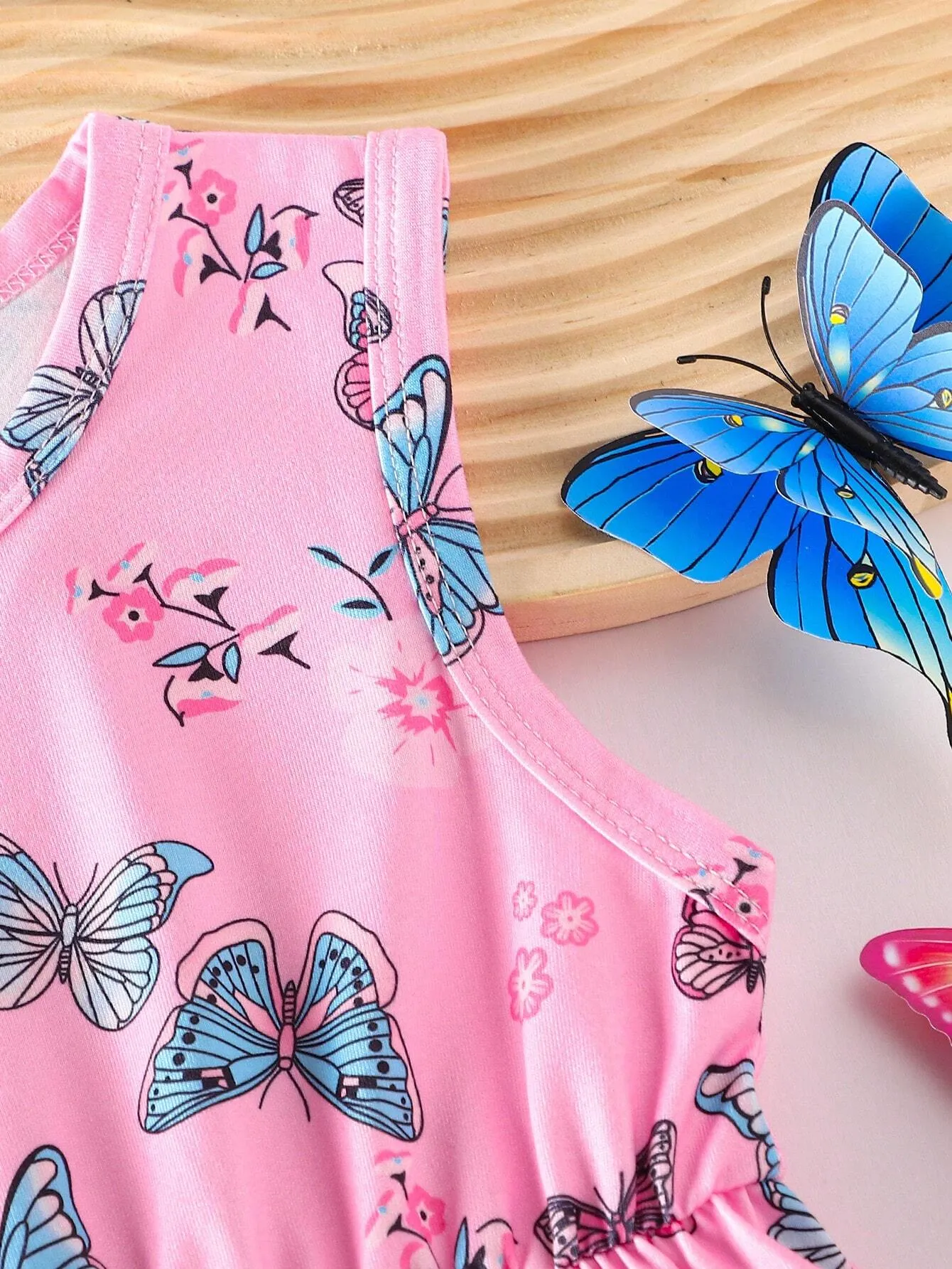 2pcs/Set Girls' Denim Vest & Butterfly Allover Print Dress, Cute Outfits For Outdoor Activities