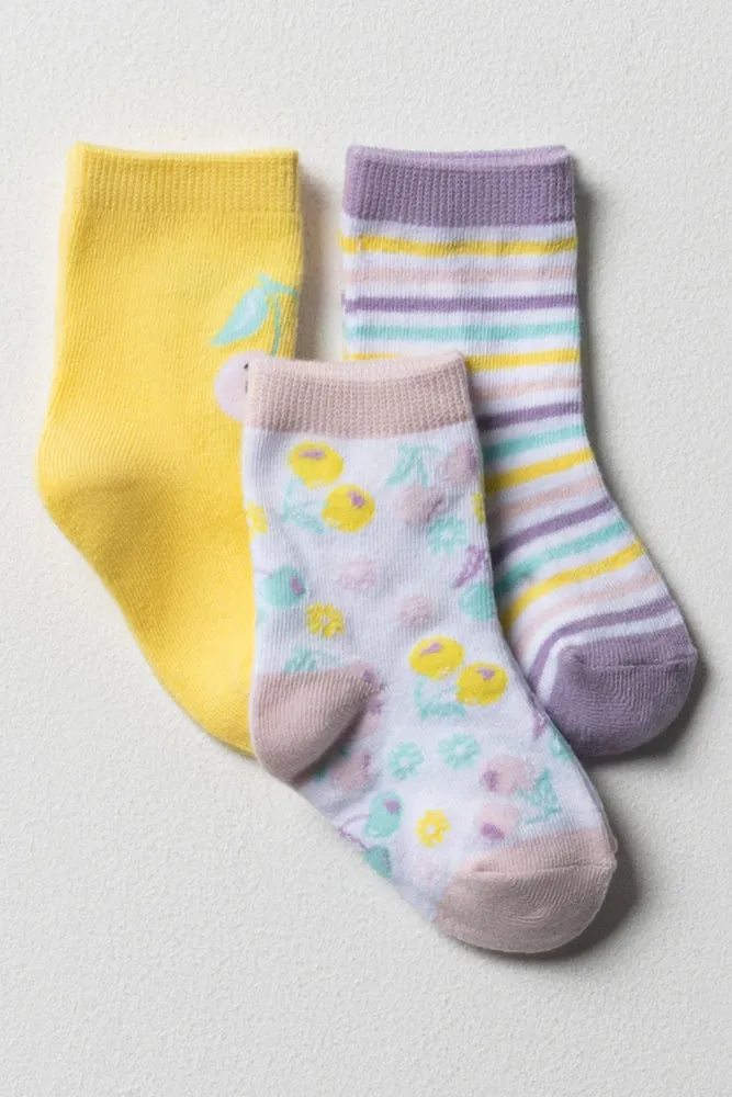 3 Pack Cherries Sweeter Together Socks Yellow And Purple