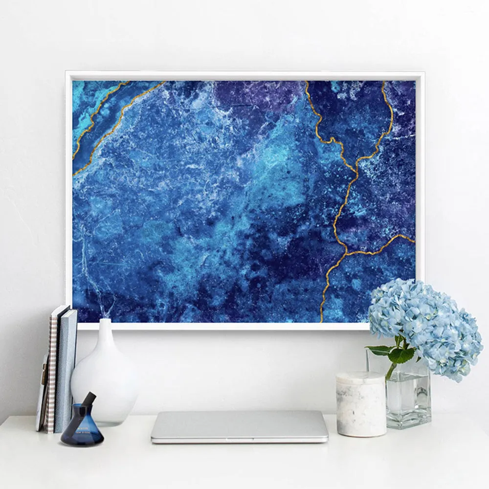 Agate Geode Lapis Lazuli II (faux gold lines)- Art Print