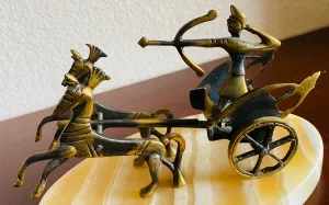 Antique Brass Honey Onyx Stone Egyptian Warrior Horse Chariot Art Sculpture