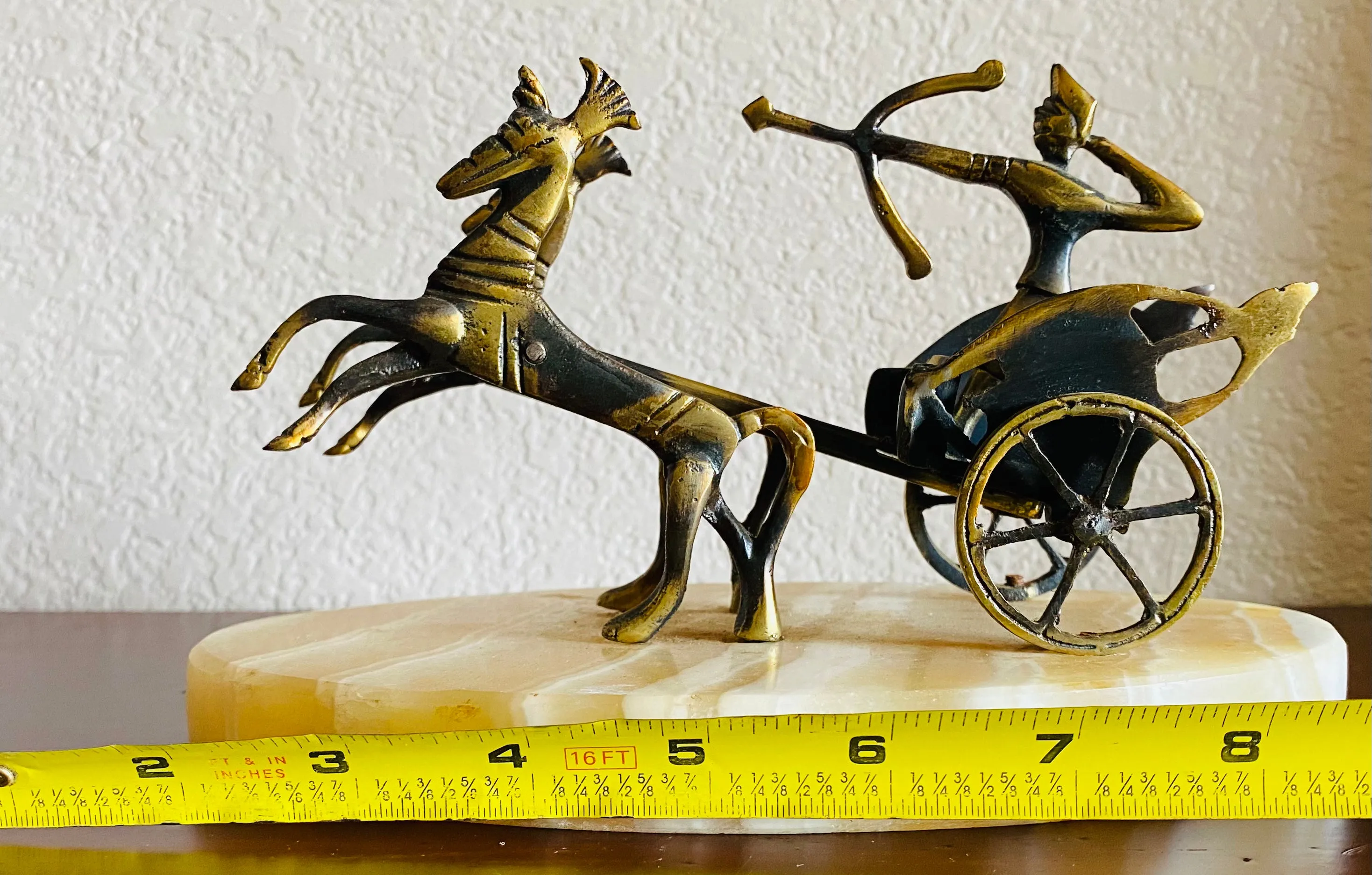 Antique Brass Honey Onyx Stone Egyptian Warrior Horse Chariot Art Sculpture