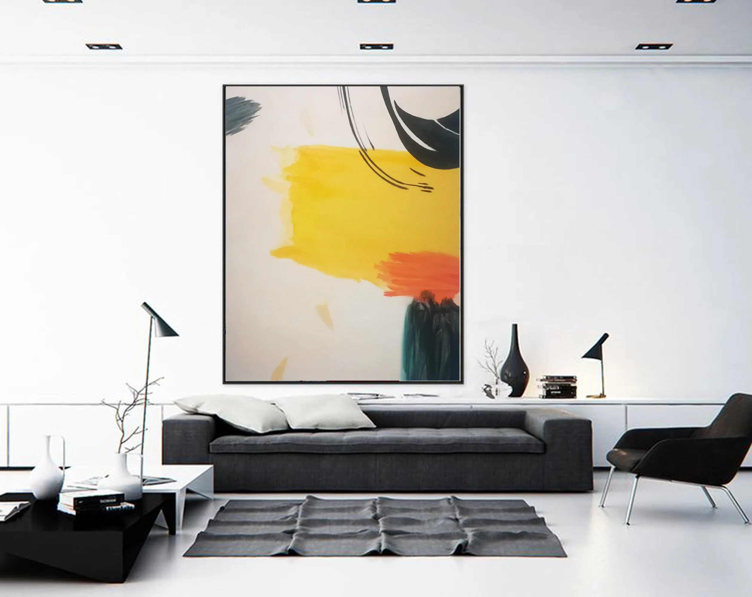 Black And White Oversized Wall Art Yellow Abstract Painting Cp035