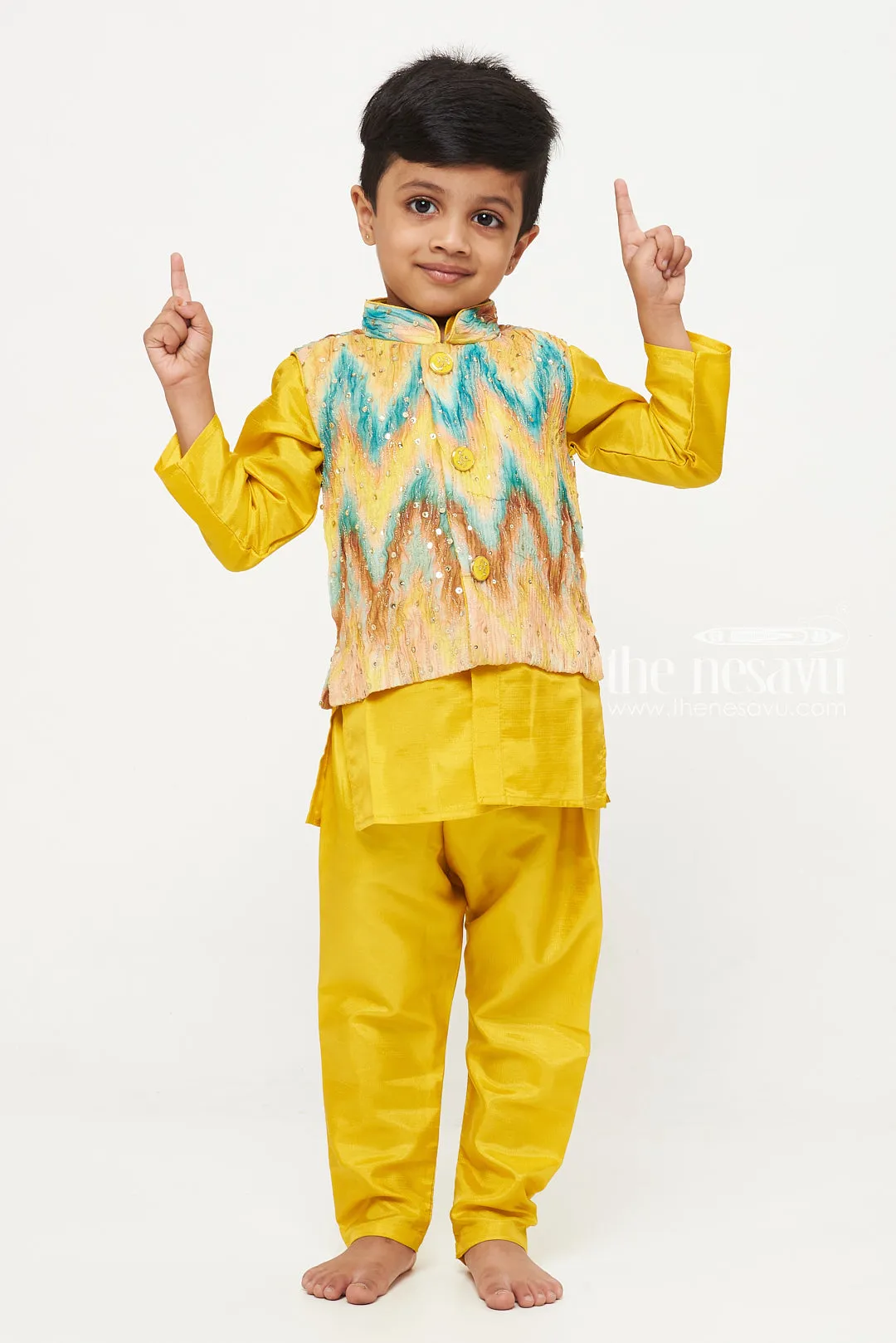 Boys Sunshine Yellow Kurta Pajama with Vibrant Jacket Set