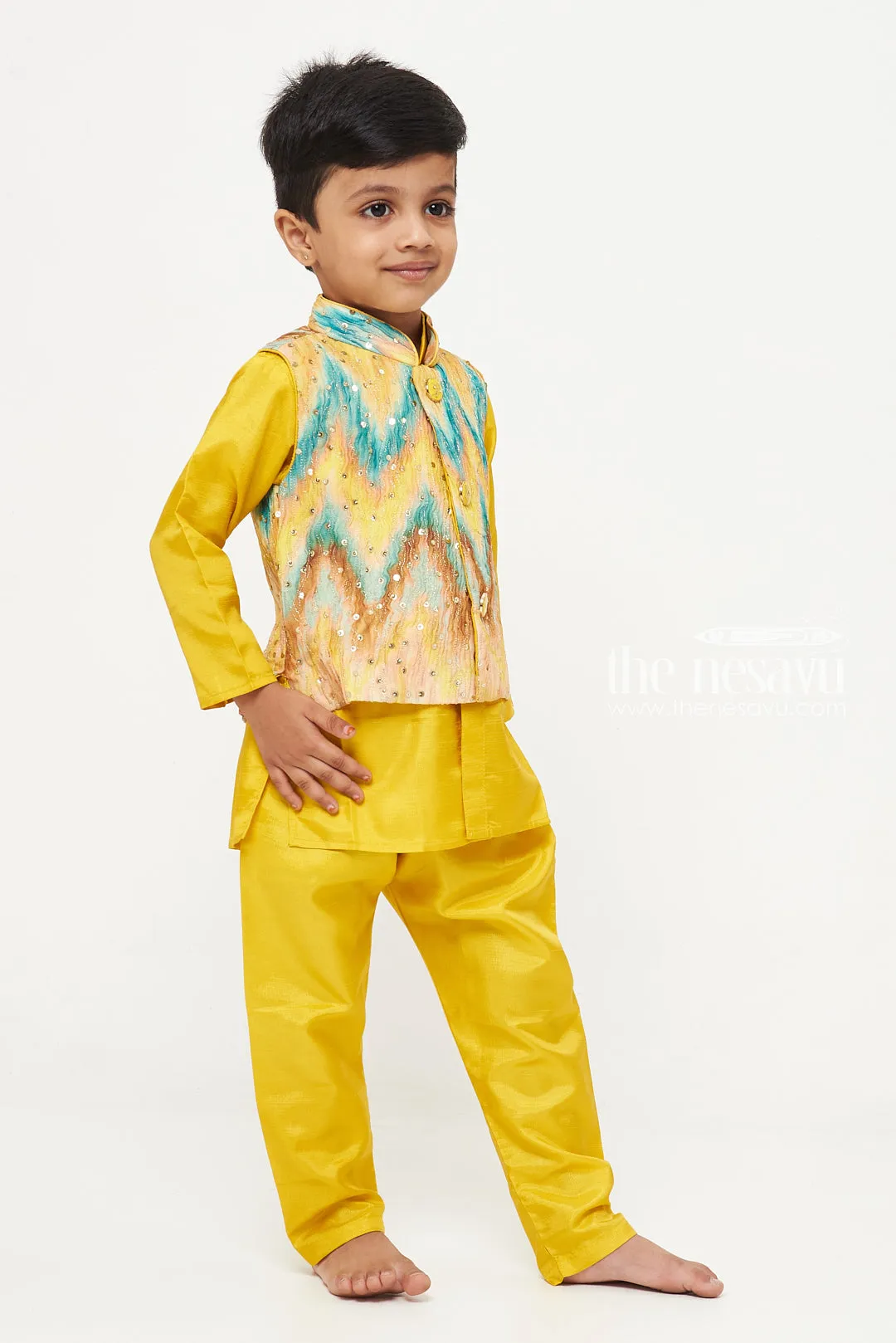 Boys Sunshine Yellow Kurta Pajama with Vibrant Jacket Set