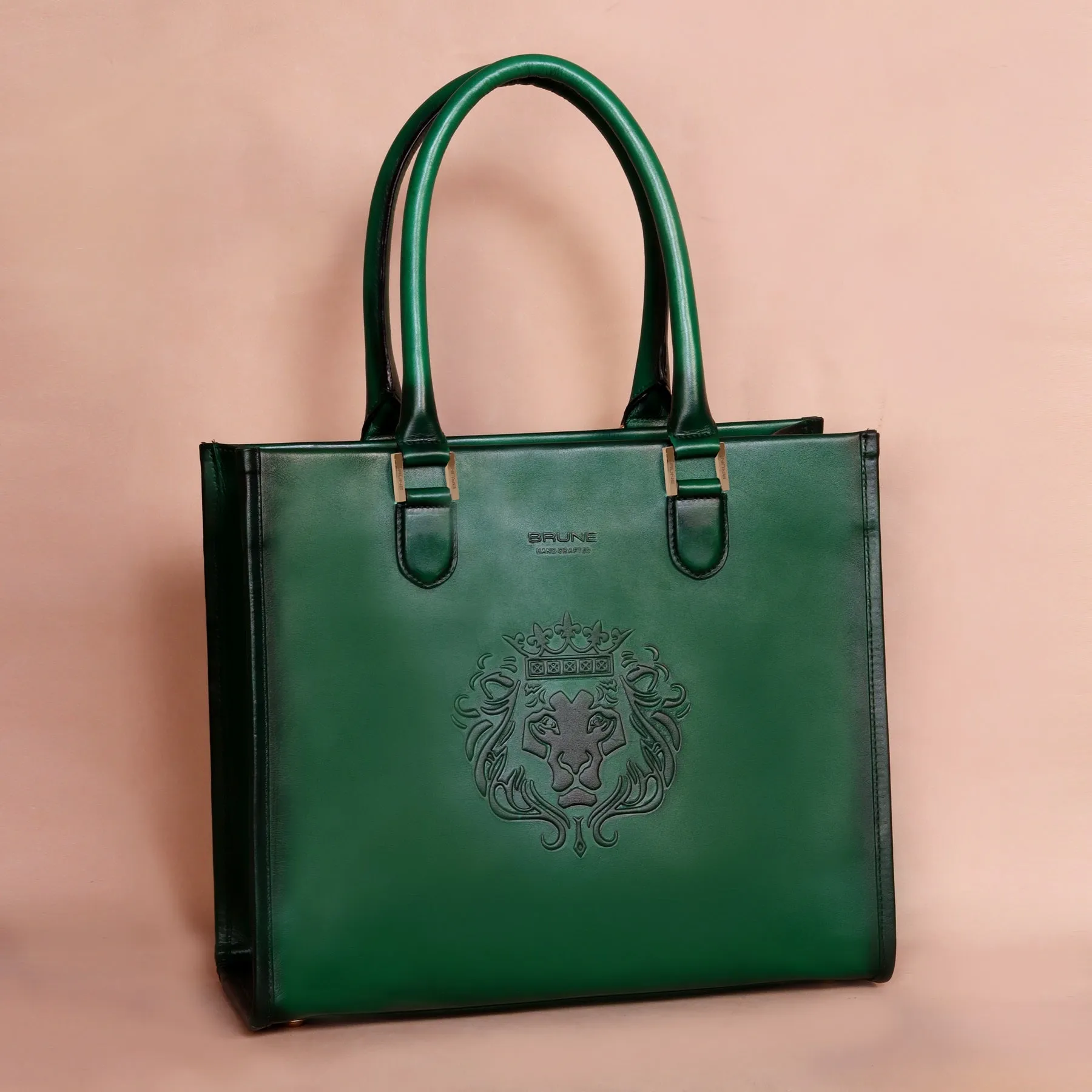 Button Opening Large Green Leather Hand Bag