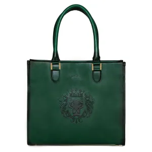 Button Opening Large Green Leather Hand Bag