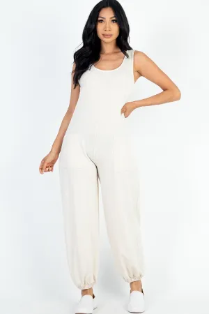 Casual Solid French Terry Sleeveless Scoop Neck Front Pocket Jumpsuit