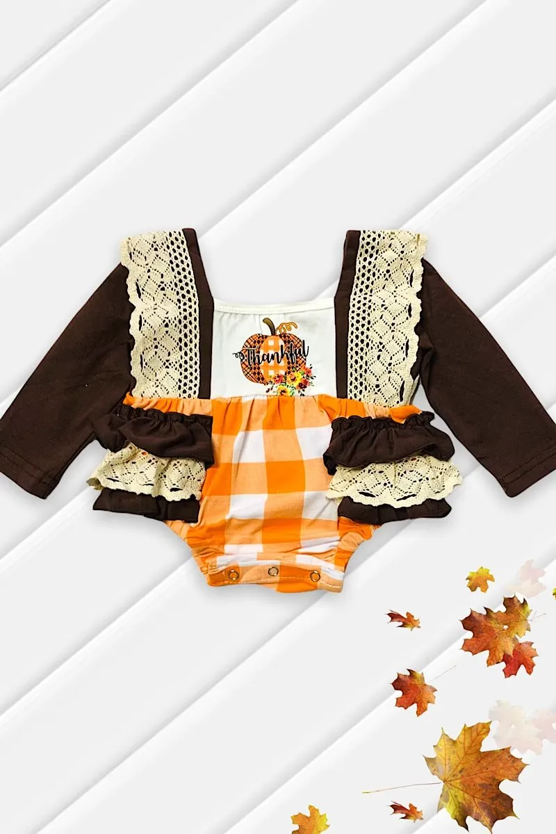 Checkered Pumpkin Thankful Fall Baby Long Sleeve Onesie Ruffled Romper