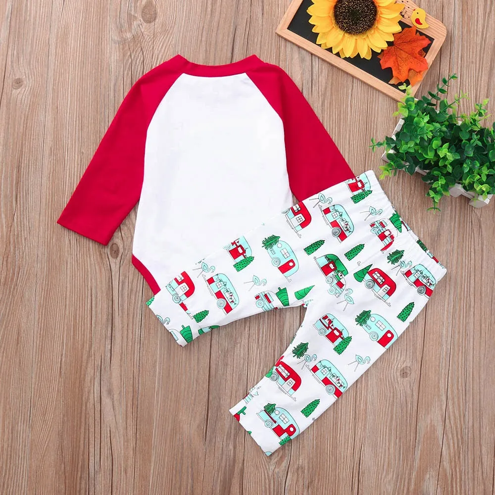 Clothes Set Christmas Clothing 2PCs Letter Long Sleeve Cartoon Print Tops Pants Cloth Sets