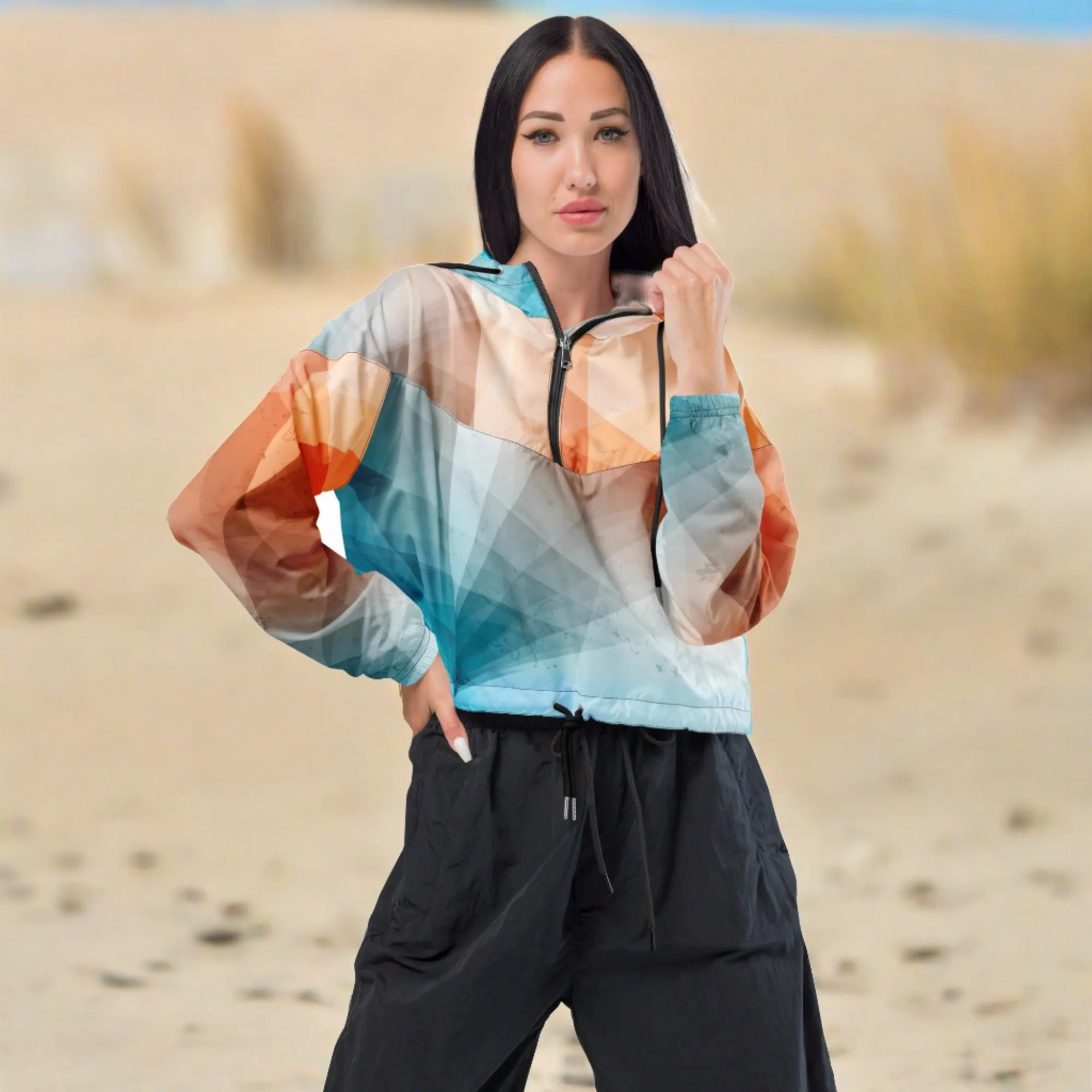 Customizable Fit Outdoor Style - Chic Blue & Orange Cropped Windbreaker for Women