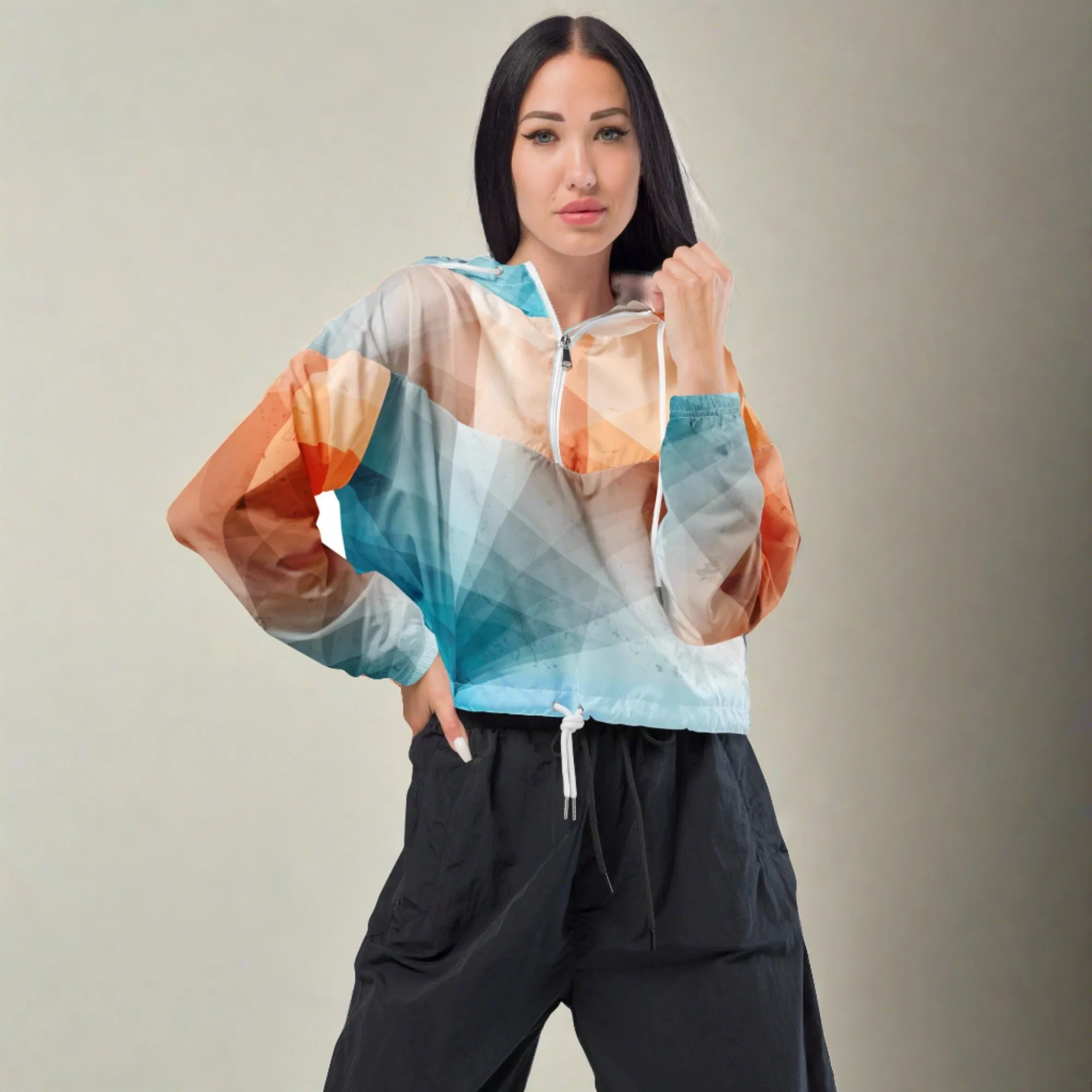 Customizable Fit Outdoor Style - Chic Blue & Orange Cropped Windbreaker for Women