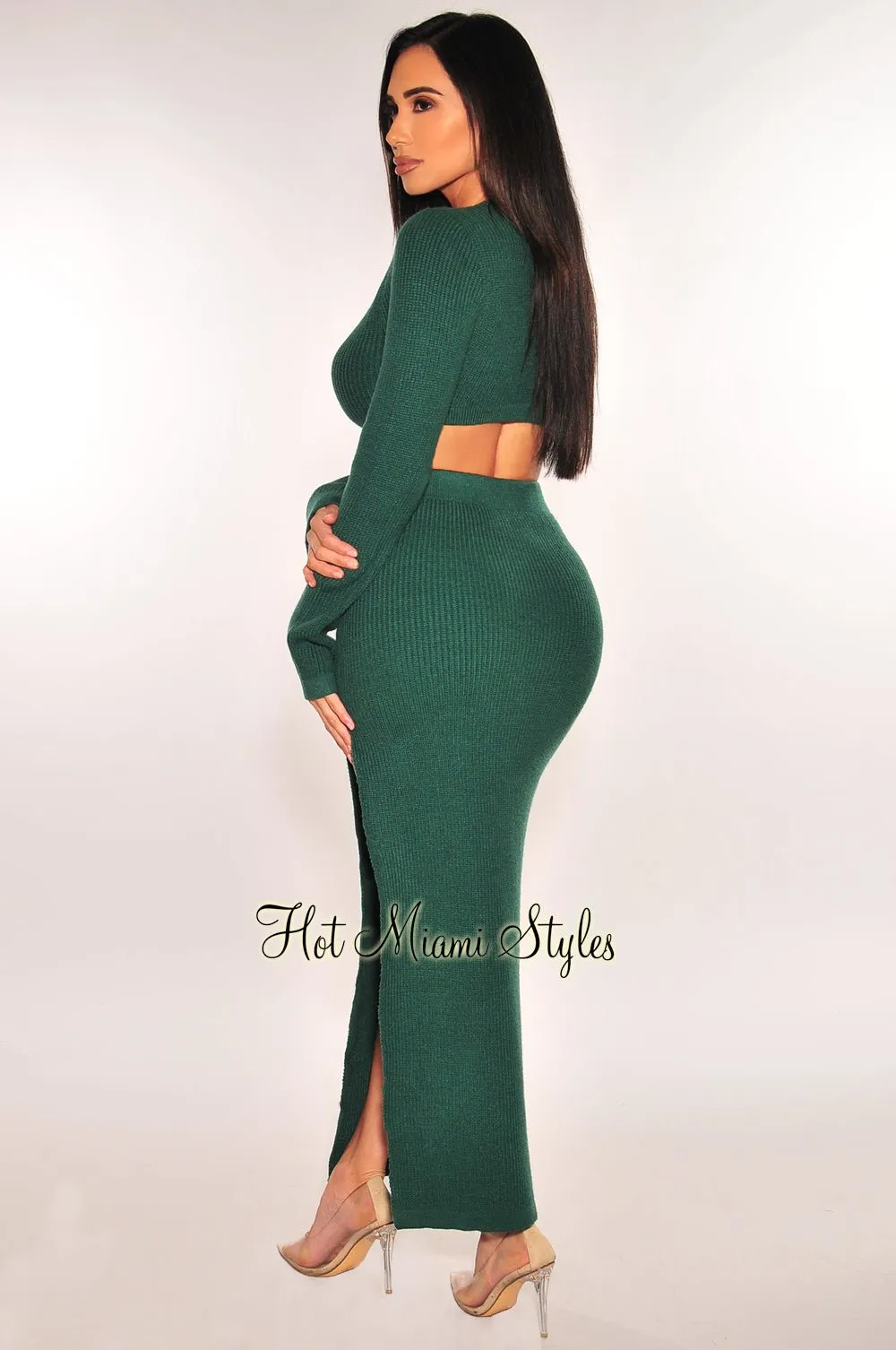 Emerald Ribbed Knit Long Sleeve Slit Skirt Two Piece Set