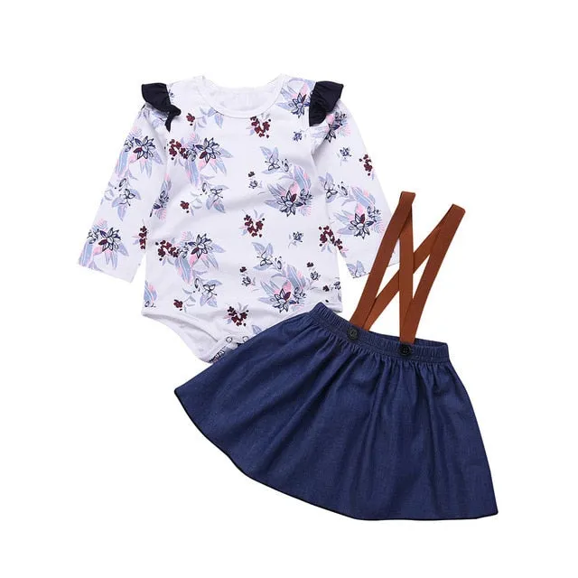 Fashion Baby clothes 2PCs Infant Baby Girls Clothing Set Floral Romper Jumpsuit Denim Strap Skirt