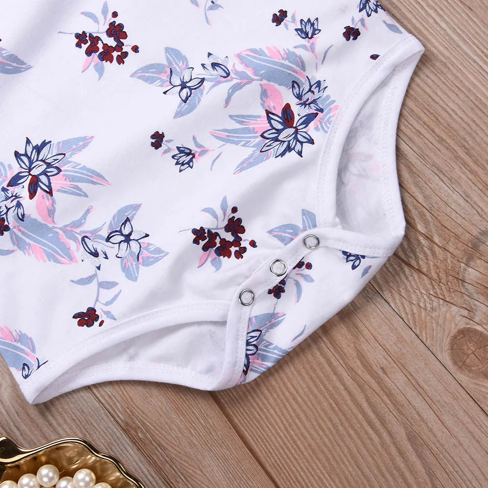 Fashion Baby clothes 2PCs Infant Baby Girls Clothing Set Floral Romper Jumpsuit Denim Strap Skirt