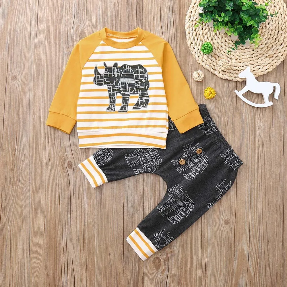 Fashion Baby clothing set 2PCs Long Sleeves Print Stripe Top Pants Outfit Kids Clothing Sets