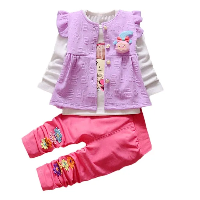 Girls clothing set 3PCs Long Sleeve Flower Vest shirt Pants Outfits Set Winter clothes