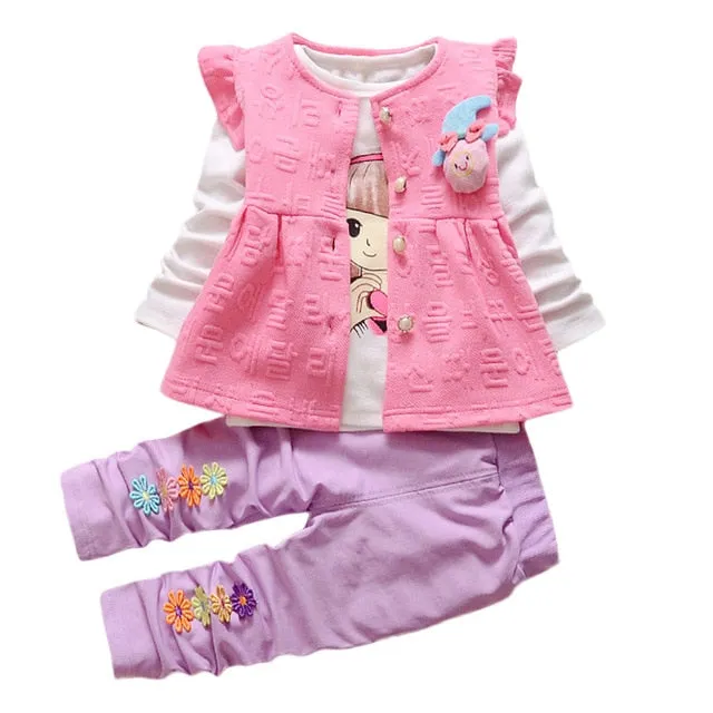 Girls clothing set 3PCs Long Sleeve Flower Vest shirt Pants Outfits Set Winter clothes