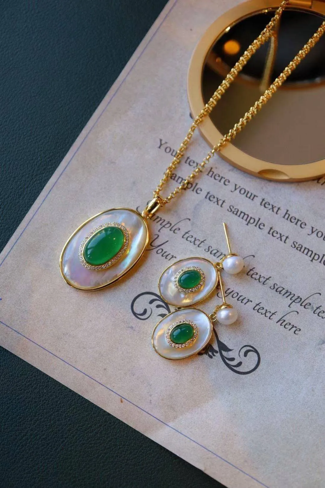 Green Onyx Mother of Pearls Earrings Gold Vermeil