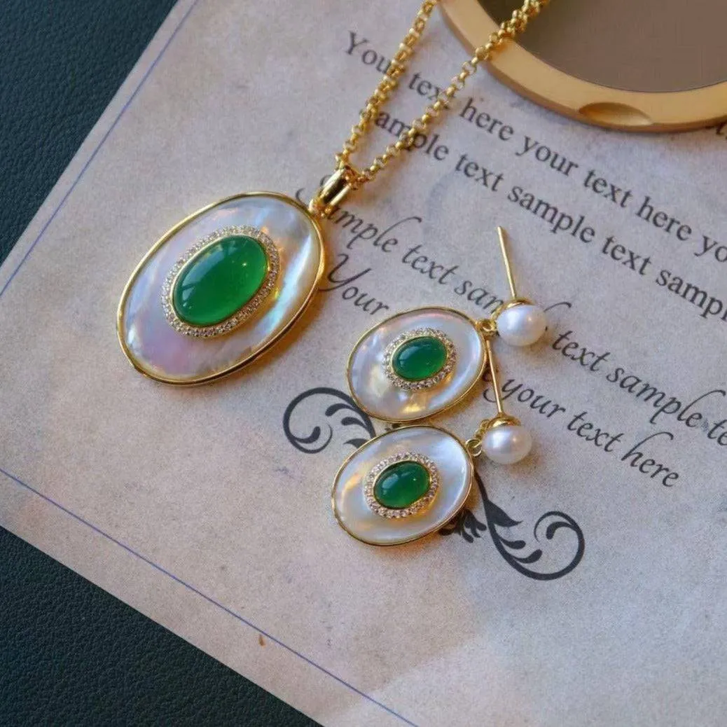 Green Onyx Mother of Pearls Earrings Gold Vermeil