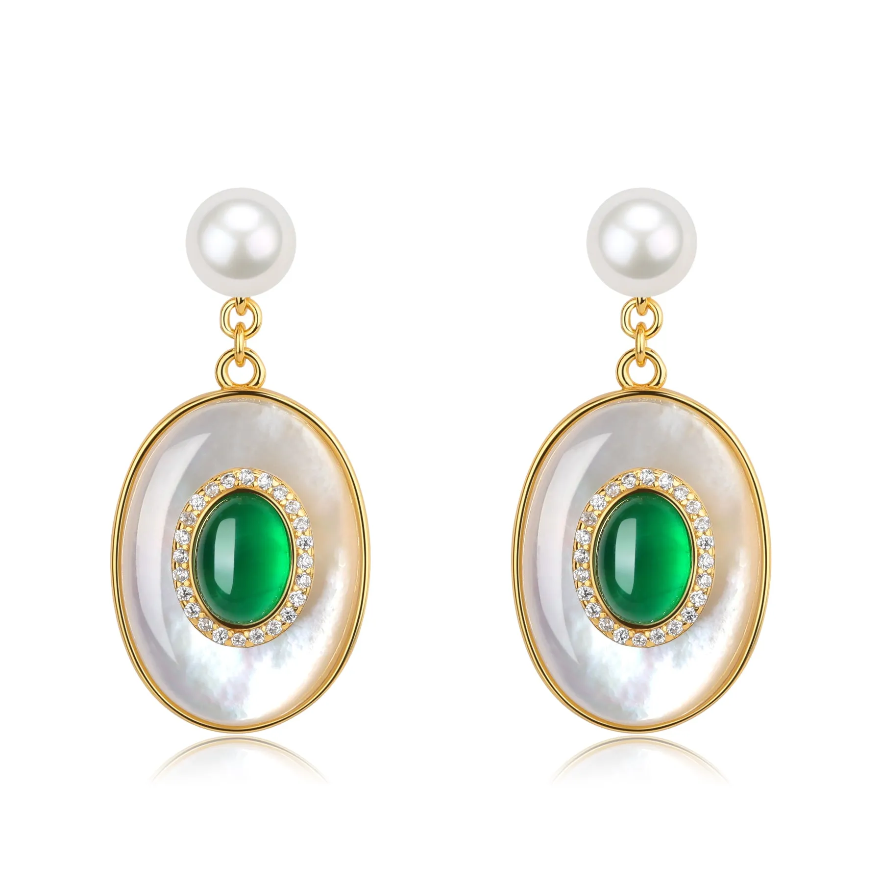 Green Onyx Mother of Pearls Earrings Gold Vermeil