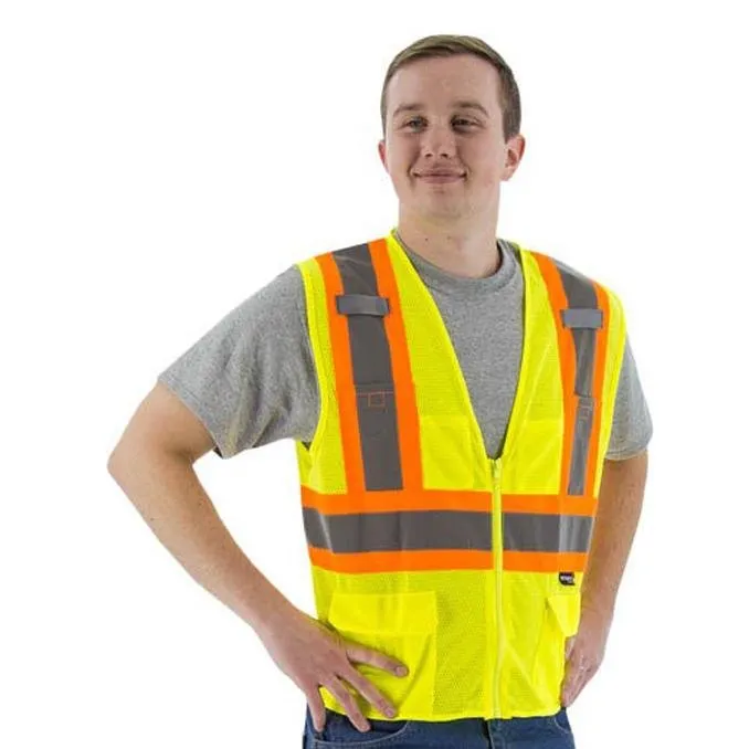 High Visibility Mesh Safety Vest (PK 5 Vests) - ANSI 2, DOT Striping, Zipper Close