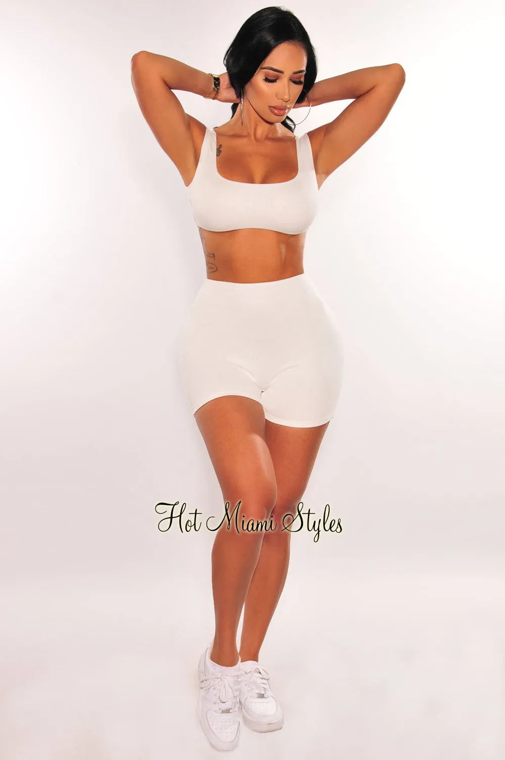 HMS Essential: White Crop Top Biker Shorts Two Piece Set