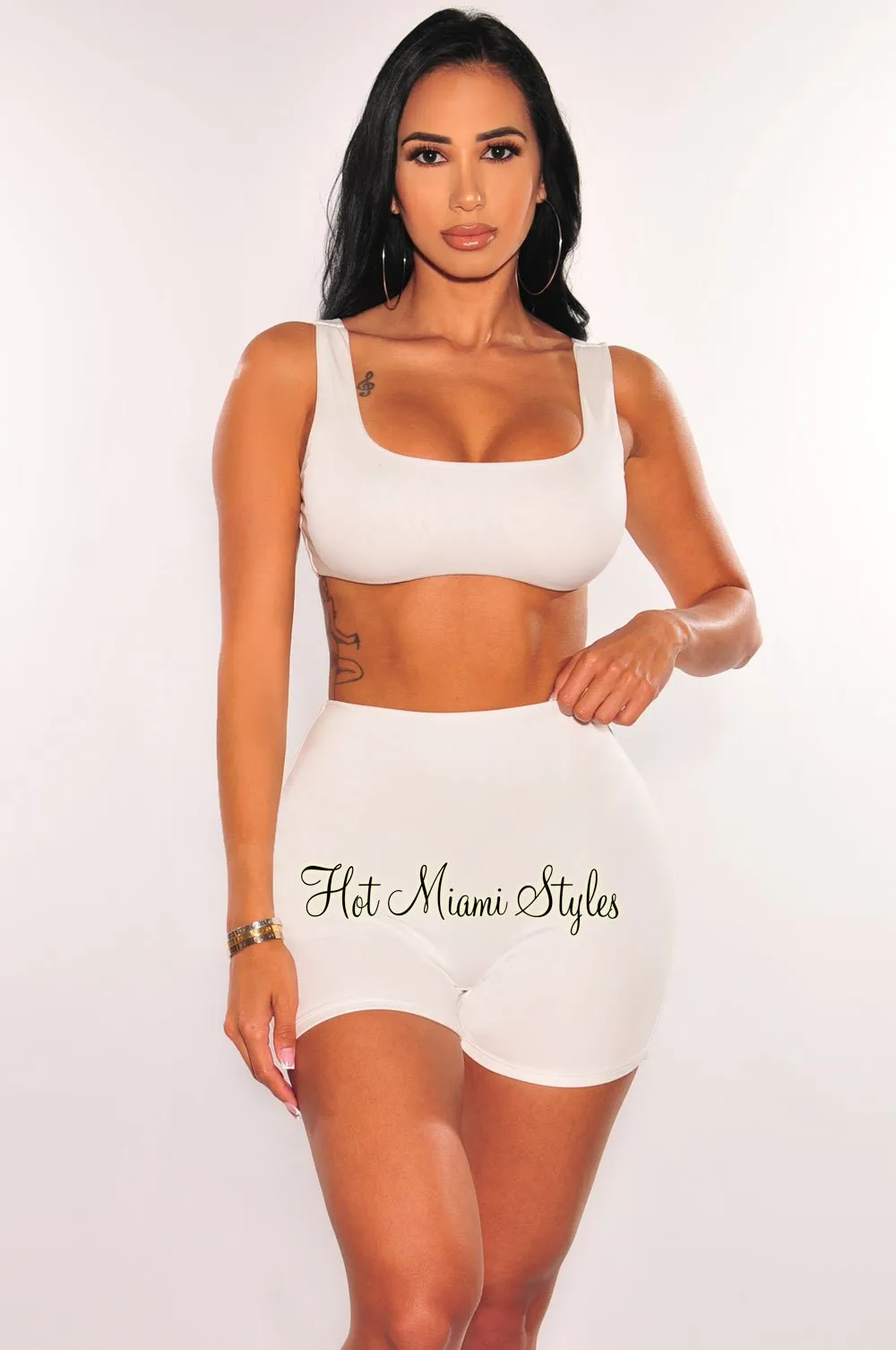 HMS Essential: White Crop Top Biker Shorts Two Piece Set