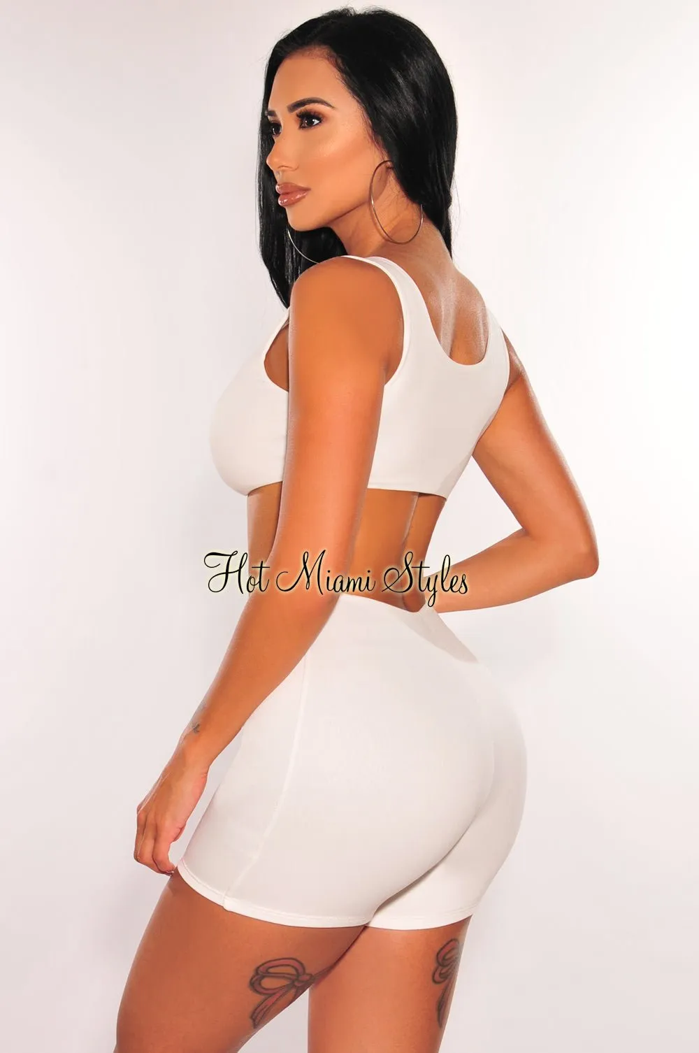 HMS Essential: White Crop Top Biker Shorts Two Piece Set