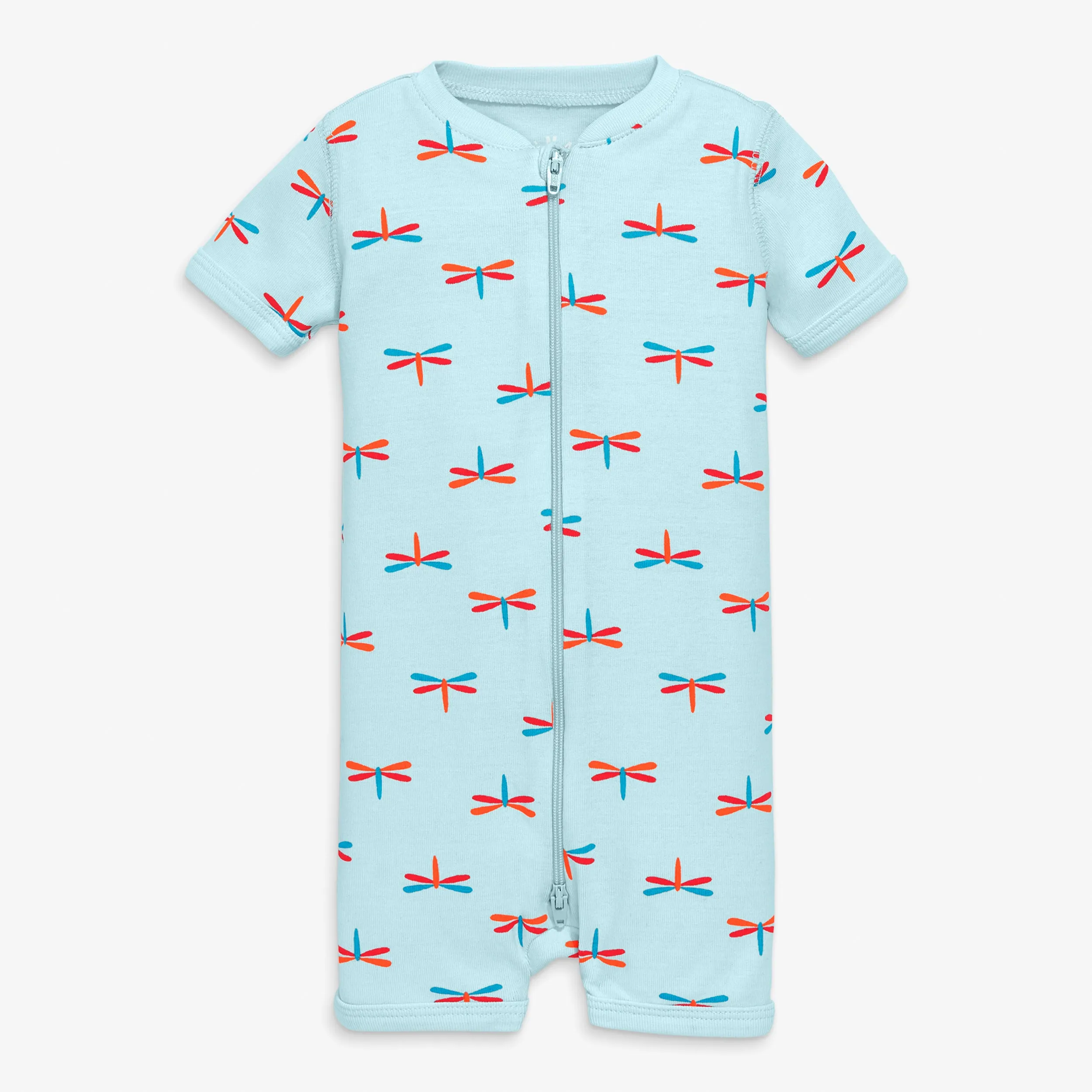 Organic short sleeve zip romper in dragonflies