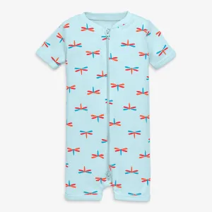 Organic short sleeve zip romper in dragonflies