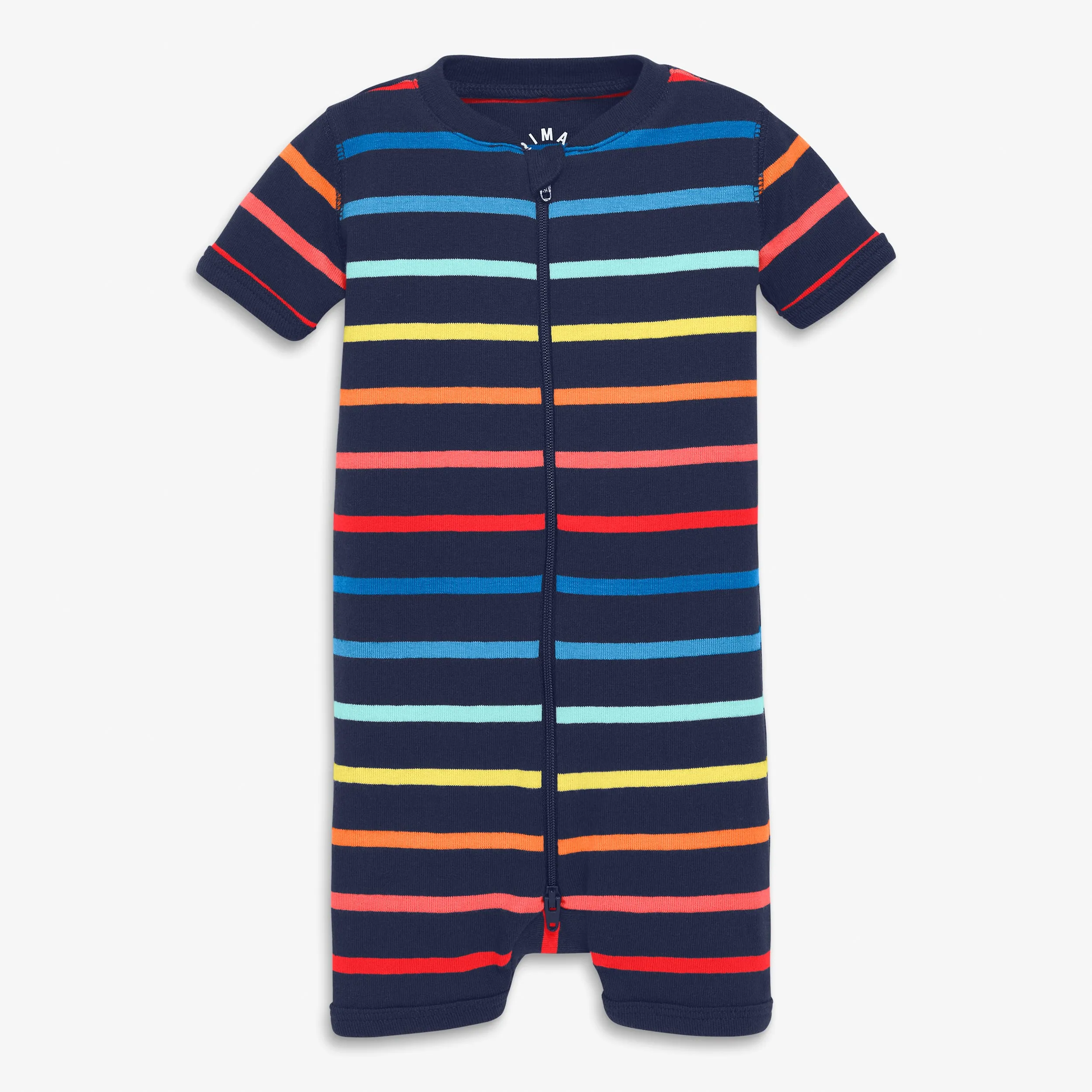 Organic short sleeve zip romper in sunrise rainbow stripe