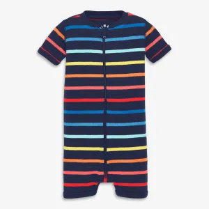 Organic short sleeve zip romper in sunrise rainbow stripe