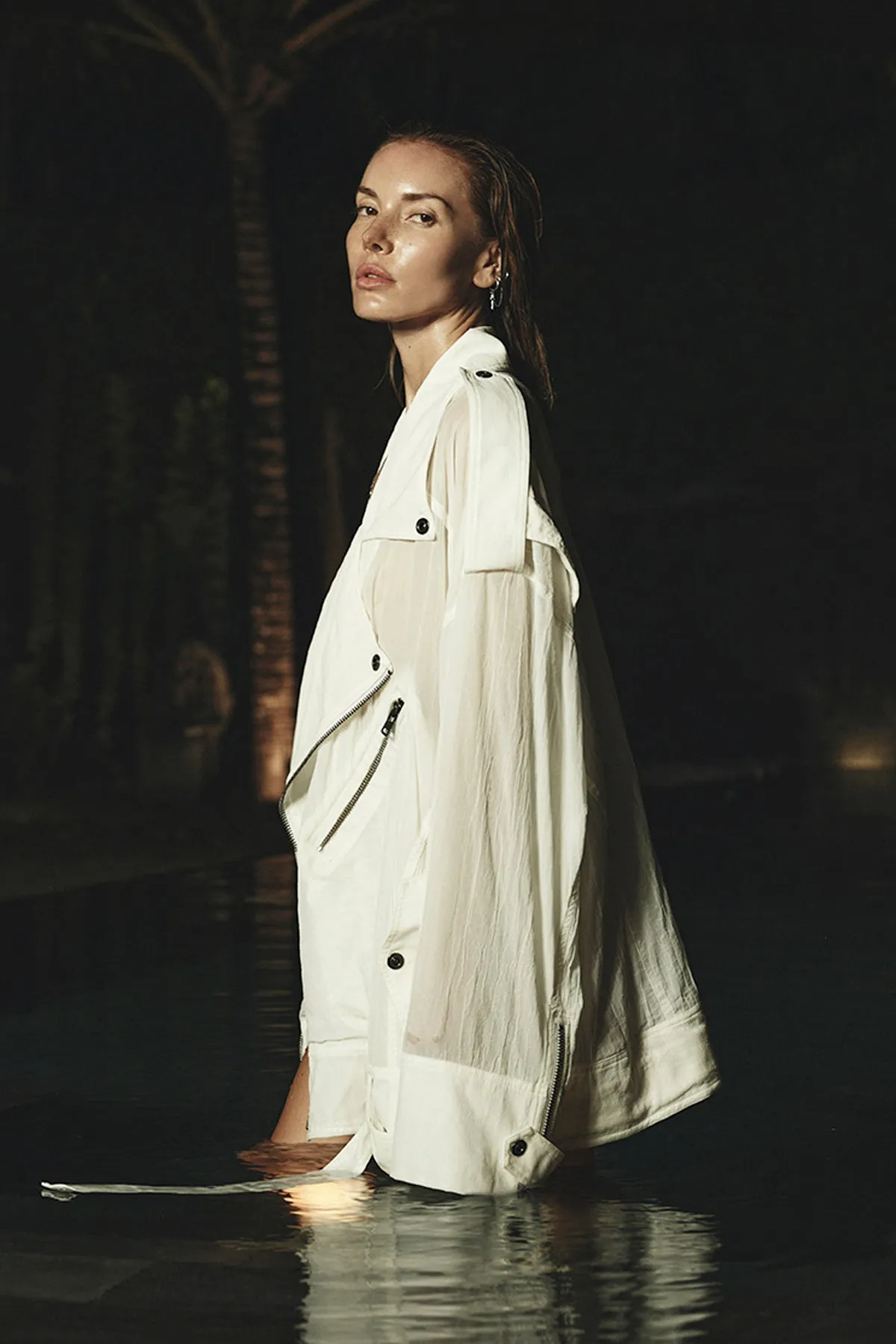 OVERSIZE SHEER MOTO JACKET IN WHITE