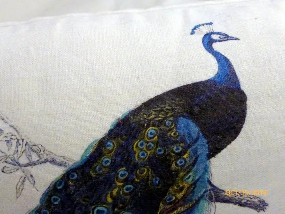 Peacock Accent pillow, Linen pillow, Vintage French Pillow