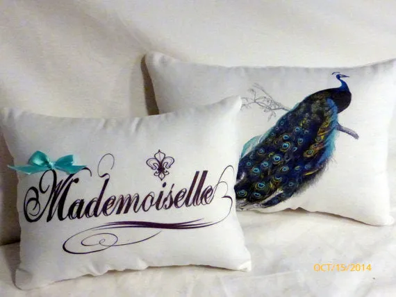 Peacock Accent pillow, Linen pillow, Vintage French Pillow