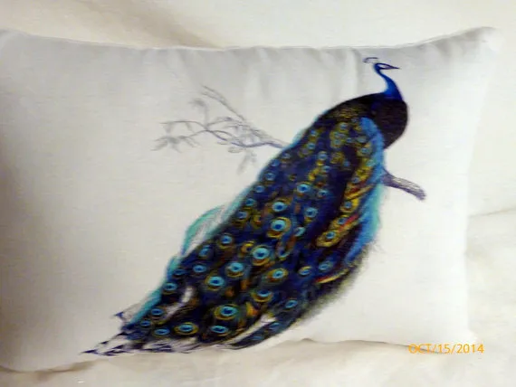 Peacock Accent pillow, Linen pillow, Vintage French Pillow