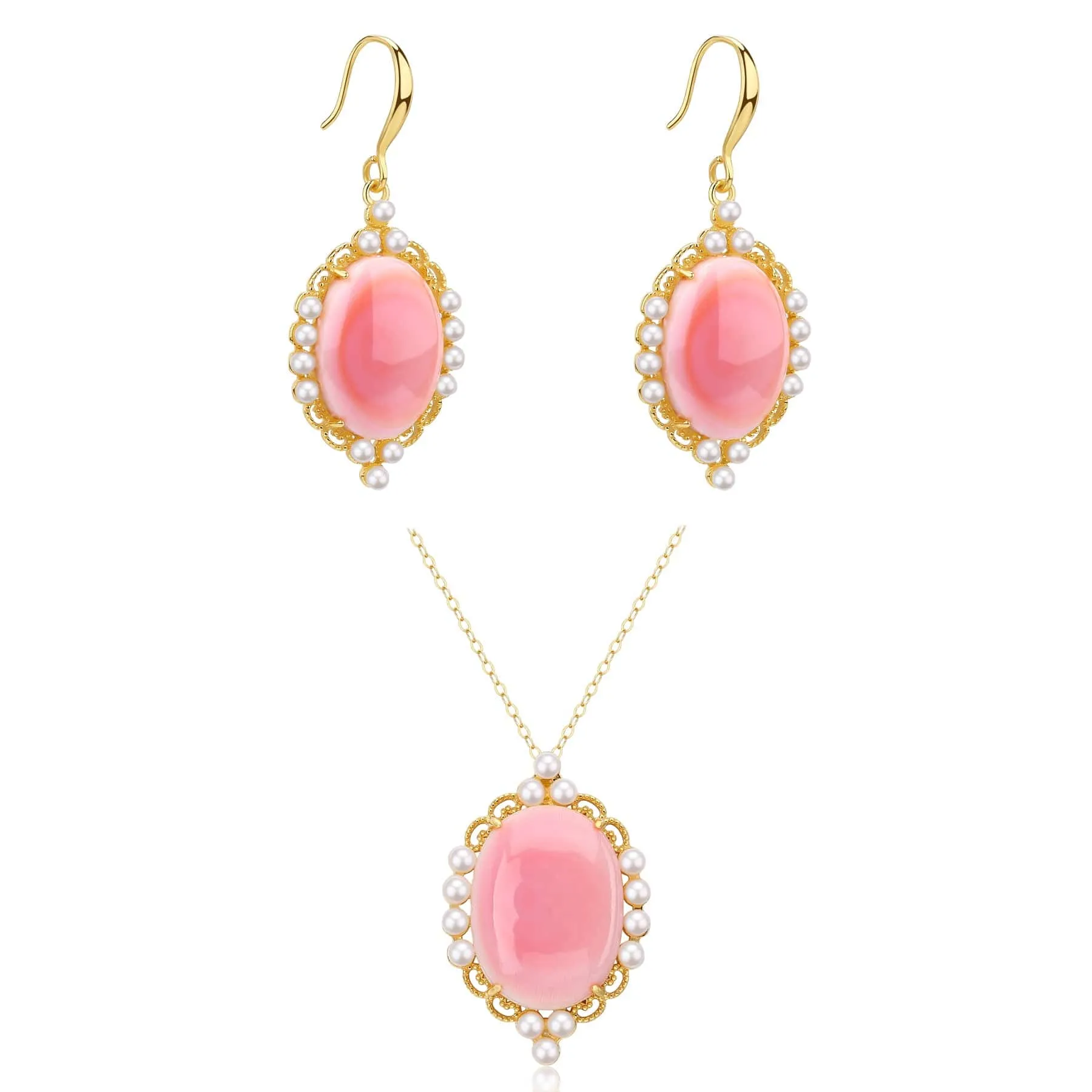 Princess Oval Pink Queen Conch Shell Pearls Earrings l Necklacel Set