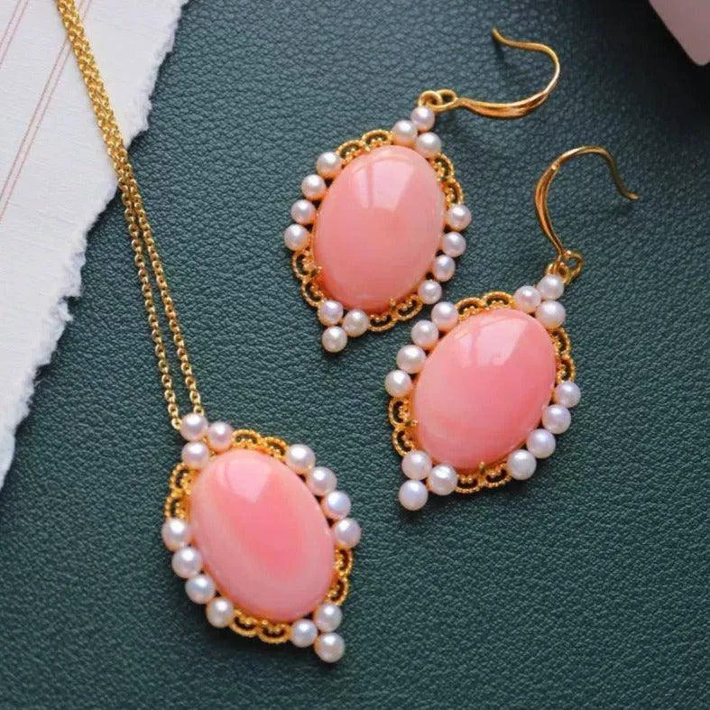 Princess Oval Pink Queen Conch Shell Pearls Earrings l Necklacel Set