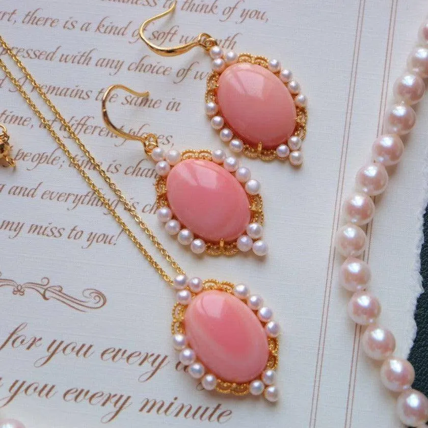 Princess Oval Pink Queen Conch Shell Pearls Earrings l Necklacel Set