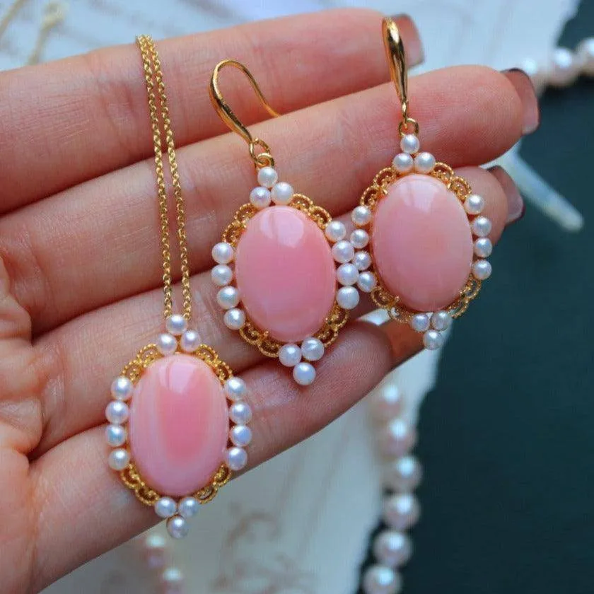 Princess Oval Pink Queen Conch Shell Pearls Earrings l Necklacel Set