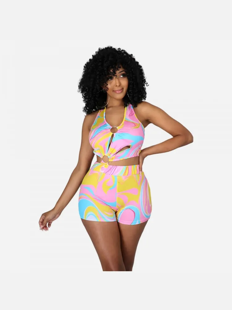 Printed Hollow Out Halter V Neck Short Rompers